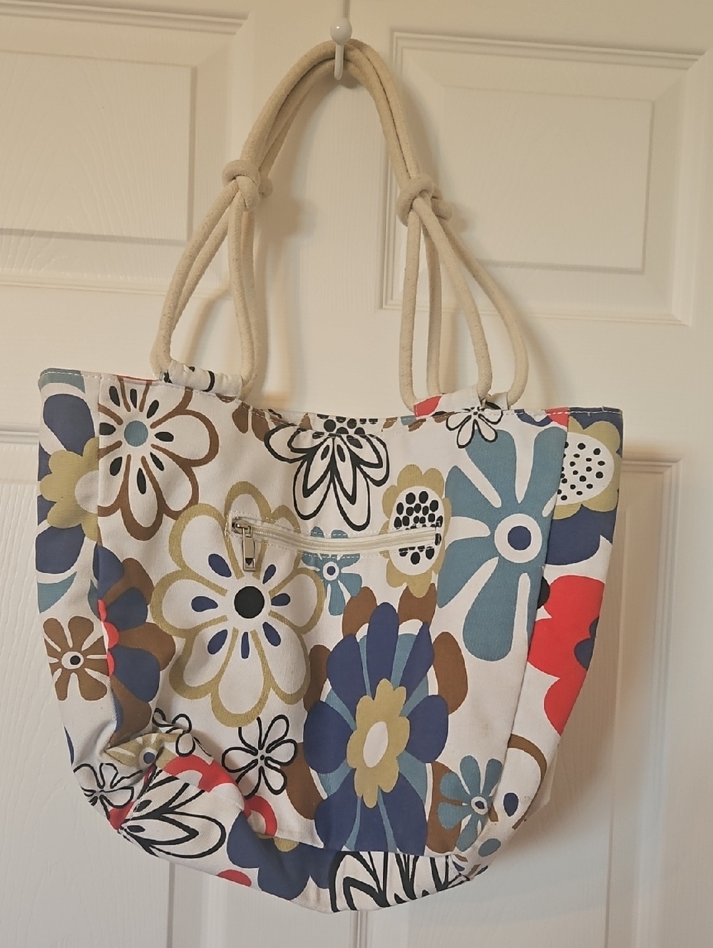 Canvas Floral Tote Bag with Rope Handles - Multicolor